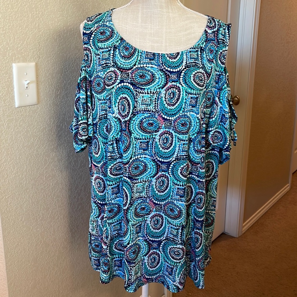 Women’s Established 1946 Aqua/Blue/Pink Cold Shoulder Blouse Size 18/20W